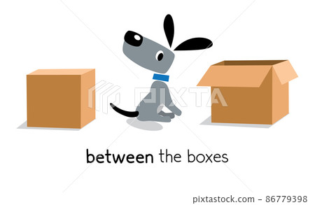 Preposition of place. Dog between two boxes 86779398