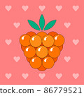 Vector illustration of a tasty cloudberry on a heart background. Tasty, juicy, berry dessert. It is suitable for use for postcards, gifts, social media, print, cafe menu, restaurant, bar, shops. 86779521
