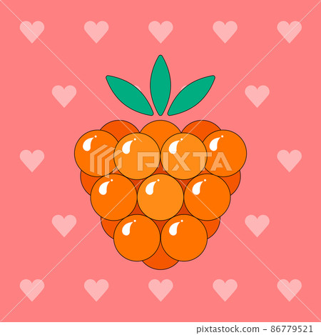 Vector illustration of a tasty cloudberry on a heart background. Tasty, juicy, berry dessert. It is suitable for use for postcards, gifts, social media, print, cafe menu, restaurant, bar, shops. Vector illustration of a tasty cloudberry on a heart background. Tasty, juicy, berry dessert. It is suitable for use for postcards, gifts, social media, print, cafe menu, restaurant, bar, shops. 86779521