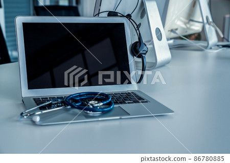 Headset and doctor equipment at clinic ready for actively support for patient Headset and doctor equipment at clinic ready for actively support for patient 86780885