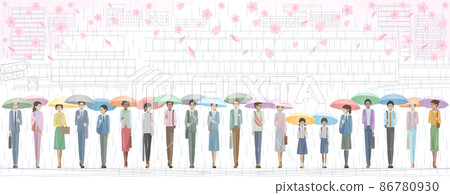 Students and adults walking in front of the station with an umbrella Students and adults walking in front of the station with an umbrella 86780930