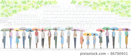 Students and adults walking in front of the station with an umbrella Students and adults walking in front of the station with an umbrella 86780931
