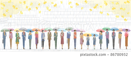 Students and adults walking in front of the station with an umbrella 86780932