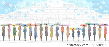 學生和大人打著雨傘在車站前走 86780933