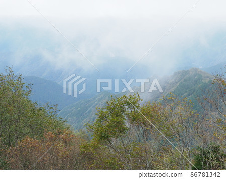 Mountain range and yellow leaves seen from Odai Mountain range and yellow leaves seen from Odai 86781342