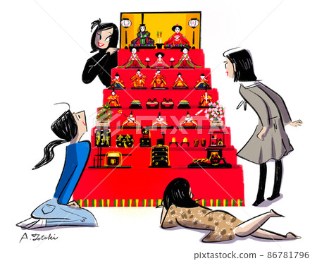 Illustration of women looking at Hina dolls 86781796