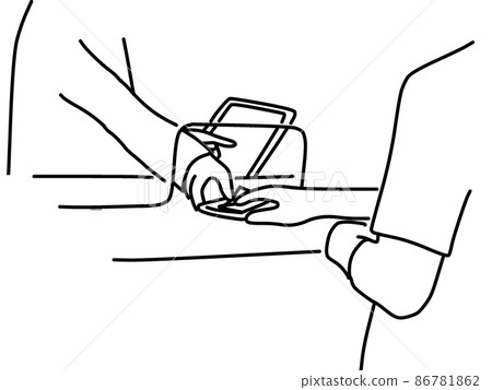 一個人在帶隔板的收銀機上付款的線條藝術插圖 86781862