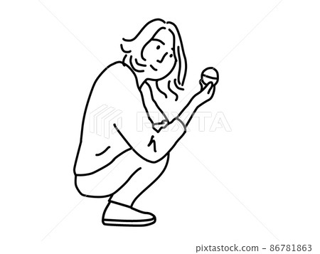 Line art illustration of a woman holding a capsule toy capsule Line art illustration of a woman holding a capsule toy capsule 86781863