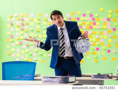 Businessman with many conflicting priorities in time management 86781891