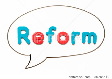 Alphabet letter with word reform in black line hand drawing as bubble speech on white board background Alphabet letter with word reform in black line hand drawing as bubble speech on white board background 86783519