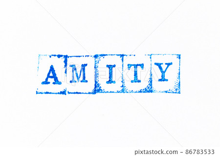 Blue color ink rubber stamp in word amity on white paper background 86783533