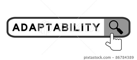 Search banner in word adaptability with hand over magnifier icon on white background Search banner in word adaptability with hand over magnifier icon on white background 86784389