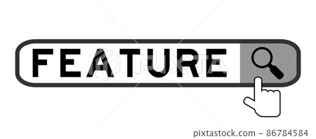Search banner in word feature with hand over magnifier icon on white background Search banner in word feature with hand over magnifier icon on white background 86784584