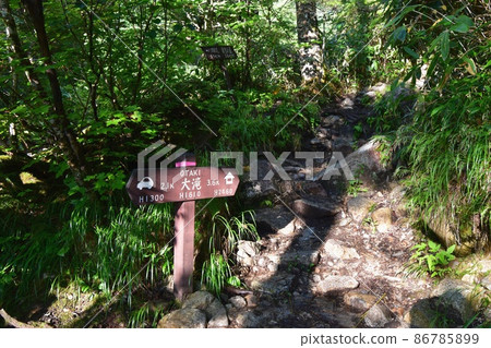 Signpost near the Otaki bench at the Ichinosawa trailhead in the early morning 86785899