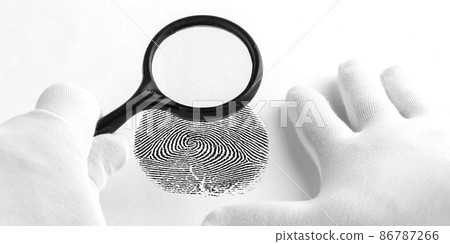 Criminology expert through a magnifying glass looking at a fingerprint. 86787266