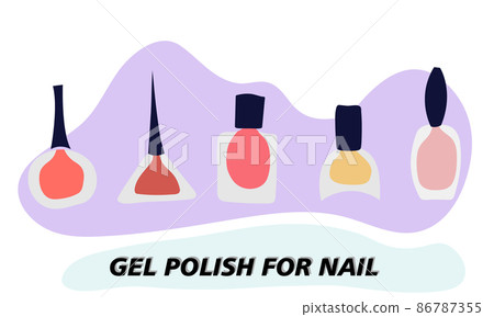 A set of jars with gel nail polish. Transparent jar, colored varnish is visible through the glass. Objects and materials for a beauty and fashion salon. Vector illustration. A set of jars with gel nail polish. Transparent jar, colored varnish is visible through the glass. Objects and materials for a beauty and fashion salon. Vector illustration. 86787355