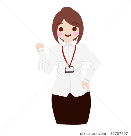 A woman wearing a shirt and wearing an employee ID card cheers for "Do your best" 86787407