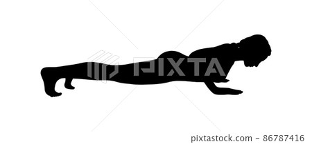 Woman silhouette in vinyasa or low plank pose. Yogi woman training her body muscles. Vector illustration 86787416