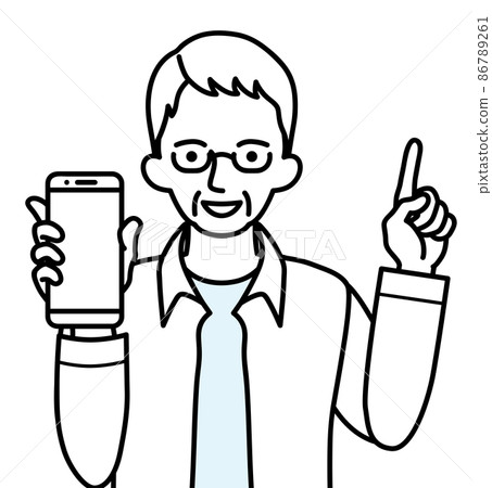 Senior man pointing his finger while holding a smartphone 86789261