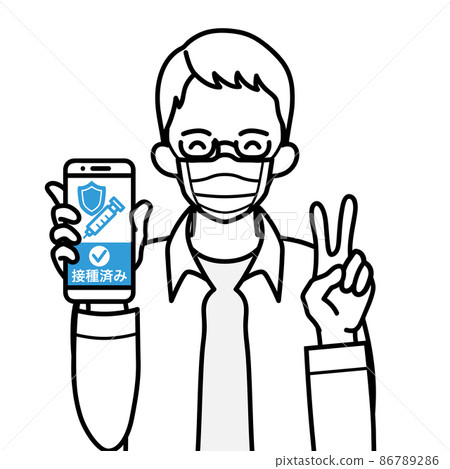 Senior man with a smartphone displaying a vaccination certificate screen with a peace sign and a smile-wearing a mask Senior man with a smartphone displaying a vaccination certificate screen with a peace sign and a smile-wearing a mask 86789286