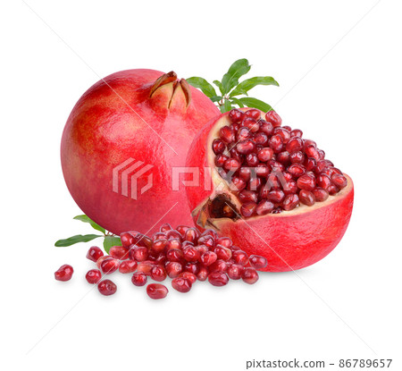 Fresh ripe pomegranate with leaves isolated on white background 86789657