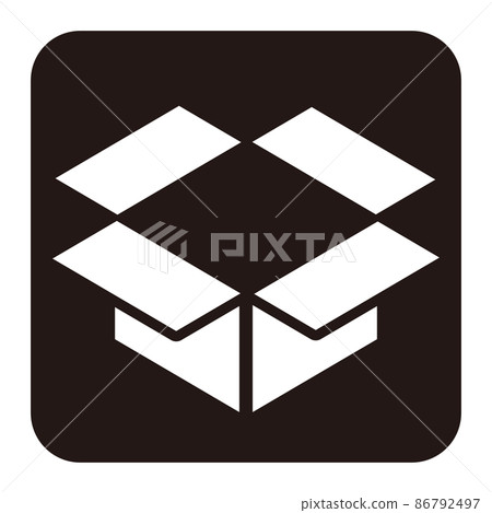 Simple white monochrome monochrome square icon with open cardboard box 86792497