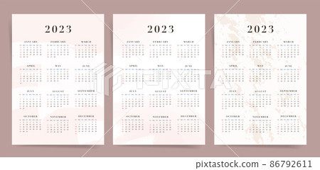 2023 pink calendar. Vertical 2023 one page calendar with watercolor and marbling background. 12 months pink vector planner calendar. 86792611