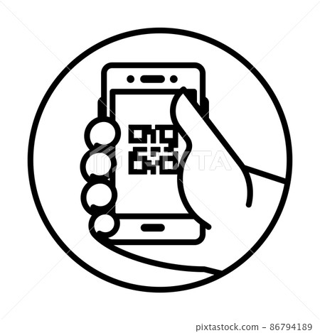 Vector illustration of a hand holding mobile phone with QR code on screen. Linear icon for web, mobile payment app. Vaccination digital certificate. Editable stroke Vector illustration of a hand holding mobile phone with QR code on screen. Linear icon for web, mobile payment app. Vaccination digital certificate. Editable stroke 86794189