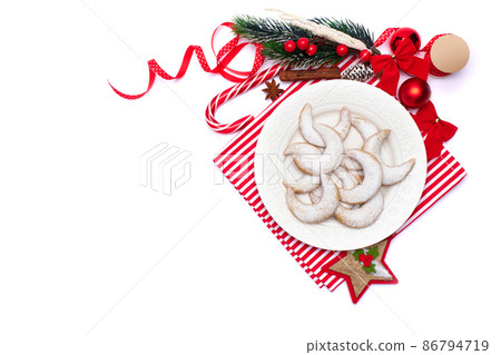 Christmas and New Year symbols and attributes of winter holidays - candy, cookies, pine cone 86794719