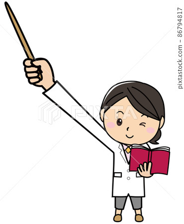 A woman in a white coat holding a book and pointing with a pointer A woman in a white coat holding a book and pointing with a pointer 86794817