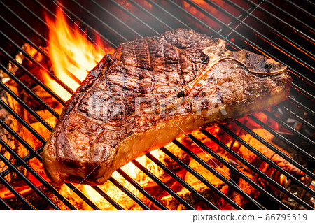 Beef steak grilled outdoors at camp Beef steak grilled outdoors at camp 86795319