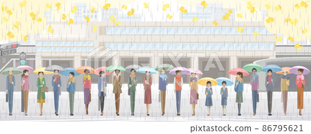 Students and adults walking in front of the station with an umbrella 86795621