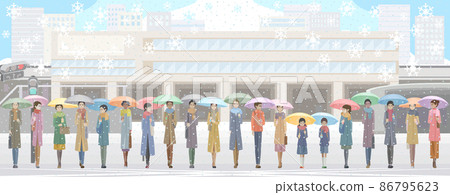 學生和大人打著雨傘在車站前走 86795623