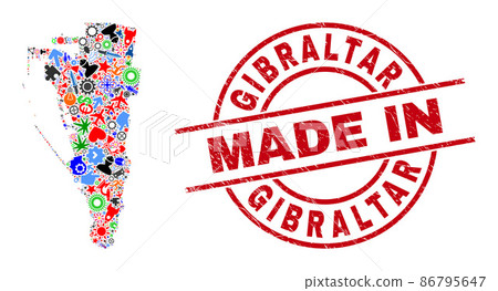 Service Mosaic Gibraltar Map and Made in Scratched Stamp 86795647