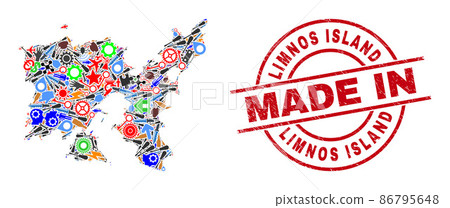 Production Mosaic Limnos Island Map and Made in Scratched Rubber Stamp 86795648