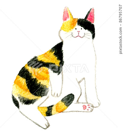 一隻貓的可愛手繪水彩插圖，一隻躺著放鬆的印花布貓 86795707
