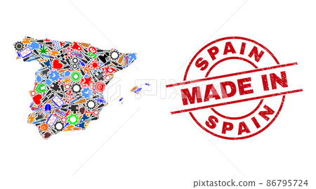 Industrial Collage Spain Map and Made in Distress Stamp Seal Industrial Collage Spain Map and Made in Distress Stamp Seal 86795724