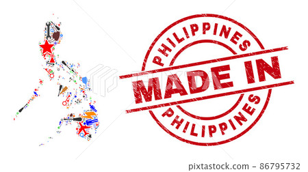 Component Mosaic Philippines Map and Made in Textured Rubber Stamp 86795732