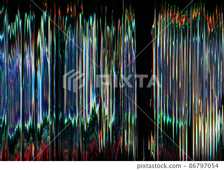 Static noise. Glitch art. Transmission interference. Matrix damage. Colorful orange green blue distortion pattern on dark black abstract background. 86797054