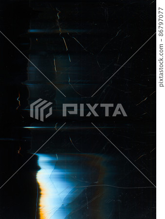 Cracked overlay. Dust scratches texture. Screen matrix noise. Blue orange white glow defect on dark black broken distressed display abstract background. Cracked overlay. Dust scratches texture. Screen matrix noise. Blue orange white glow defect on dark black broken distressed display abstract background. 86797077