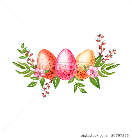 Watercolor colored Easter eggs with flowers on a white background 86797235