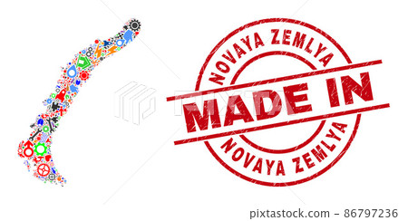 Science Collage Novaya Zemlya Islands Map and Made in Grunge Stamp Seal 86797236