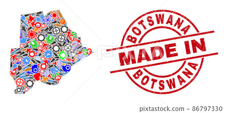 Component Collage Botswana Map and Made in Scratched Seal 86797330