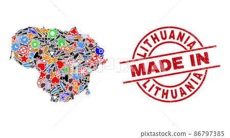 Industrial Collage Lithuania Map and Made in Scratched Stamp Seal Industrial Collage Lithuania Map and Made in Scratched Stamp Seal 86797385