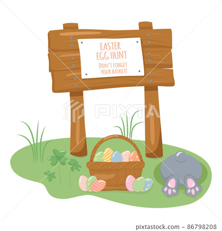 Wooden sign board with texture in cartoon style - invitation for Easter egg hunt. Vector stock illustration isolated on white background for information post. EPS10 Wooden sign board with texture in cartoon style - invitation for Easter egg hunt. Vector stock illustration isolated on white background for information post. EPS10 86798208