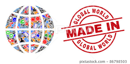 Engineering Mosaic Planet Globe and Made in Distress Stamp 86798503