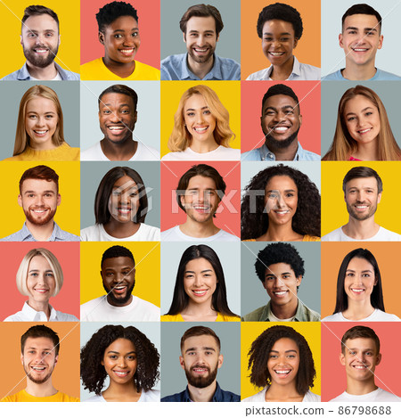 Diverse cheerful people portraits collage over bright colorful studio backgrounds. Human diversity collage 86798688