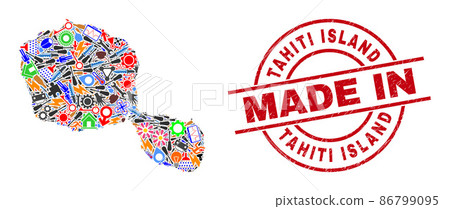 Development Mosaic Tahiti Island Map and Made in Distress Stamp Seal 86799095