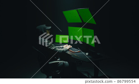 Adult hacker attacking data on the internet Adult hacker attacking data on the internet 86799554