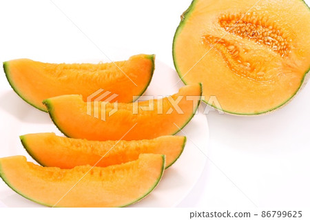 Melon red meat Lennon variety cut dessert bright background Melon red meat Lennon variety cut dessert bright background 86799625